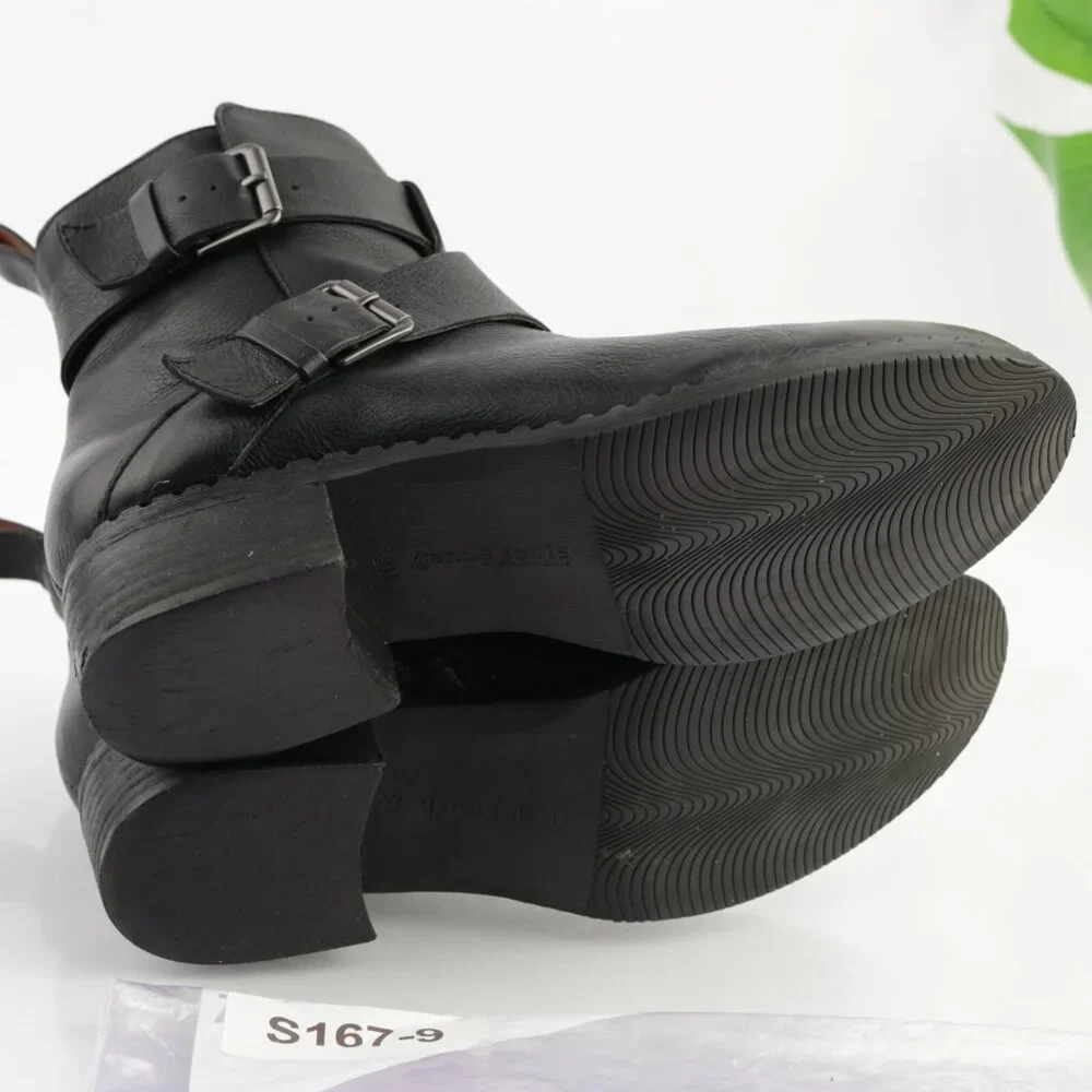 Gentle Souls Womens Best Moto Boot Size 8 Black Leather Buckle Block Heel Bootie
